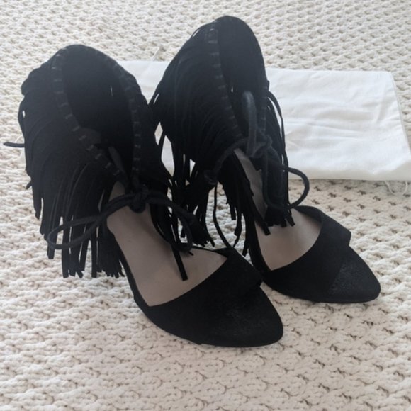 Zara BLACK High Heel Fringe Ankle Strap Sandals - Picture 6 of 8